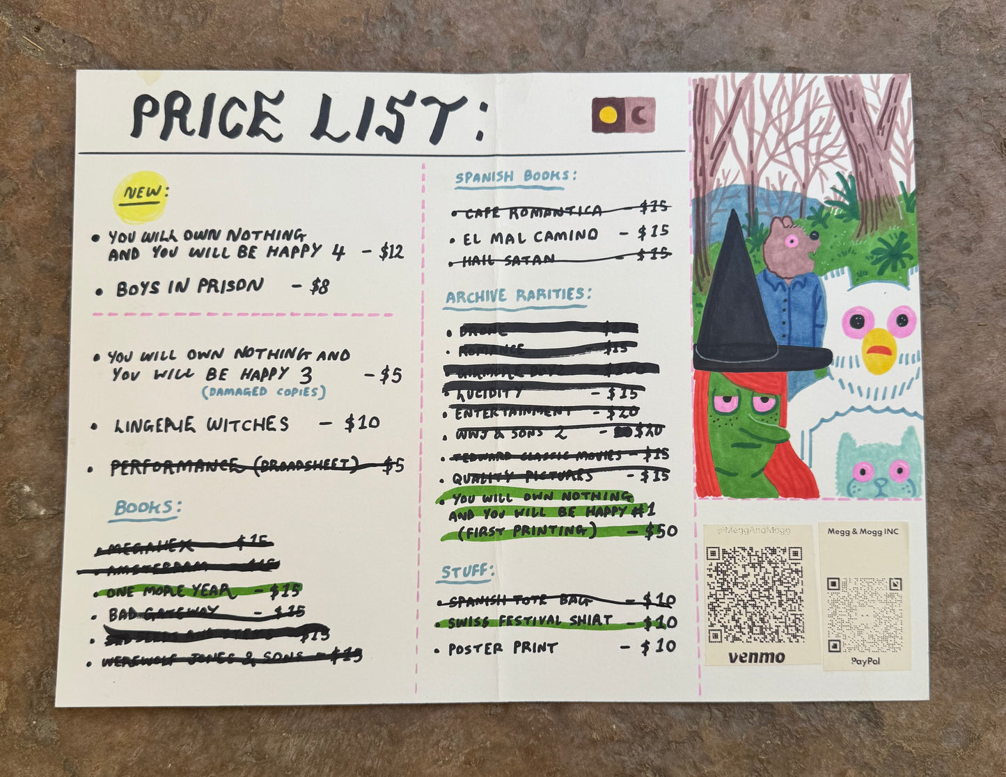 ZINE FAIRE PRICE LIST
